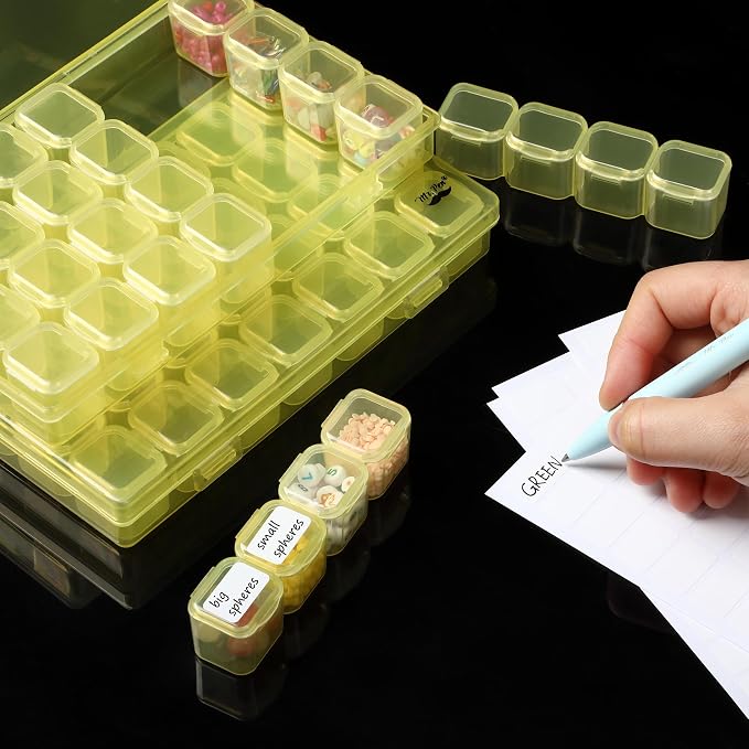 Mr. Pen- Bead Storage Containers, 28 Grids, 2 Pack, Transparent Yellow | 160 pcs Label Stickers, Transparent, Small Bead Organizer Box, Diamond Art, Diamond Painting Organizer