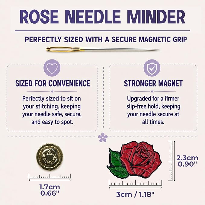 The Quilted Bear Magnetic Needle Minder, Rose | Enamel Needle Keeper for Embroidery & Cross Stitch, Secure Holder for Sewing Needles & Pins, Strong Magnet, Sewing Accessory