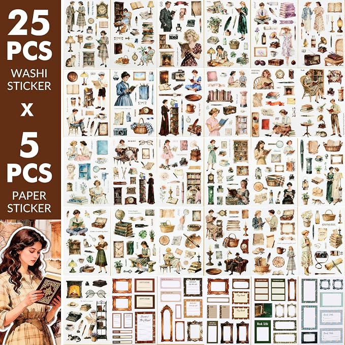 Reading Scrapbooking Stickers 400 Pre-Cut Washi Stickers & 20 Scrapbook Papers Vintage Sticker journaling Supplies People Sticker Books for journaling