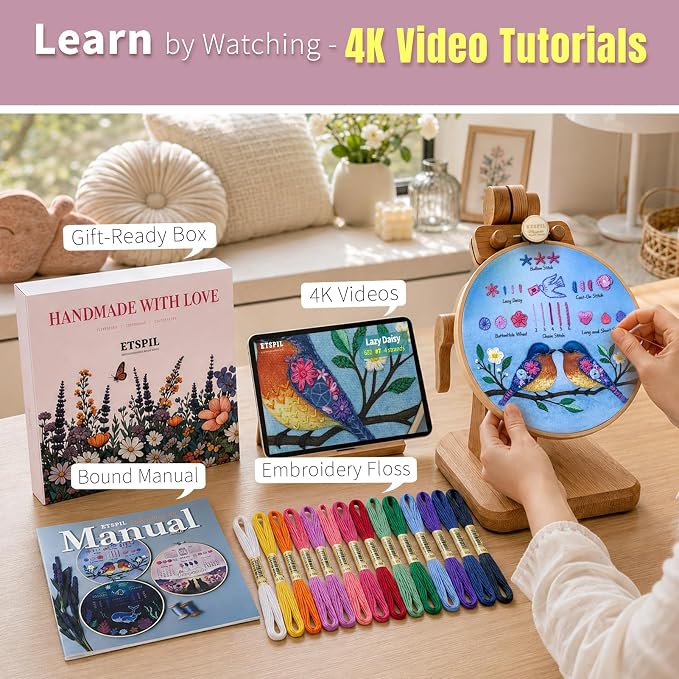 ETSPIL Beginner Embroidery Kit for Adults, Full-Color Print, 4K Video | Pre-Printed, Skip Filling. Bound Stitch Book, Step Manual. Needle Minder, Storage Tube. Weekend Project, Gift for Women