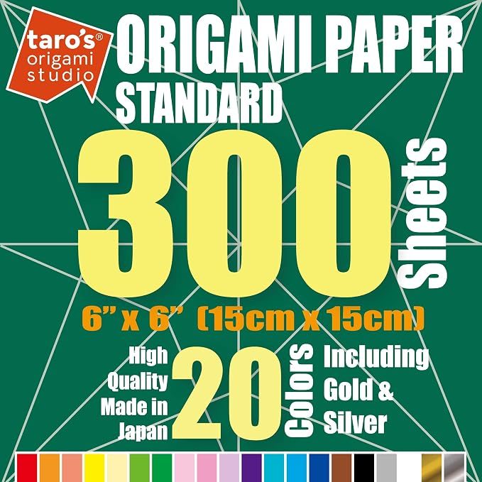 [Taro's Origami Studio] Standard 6 Inch One Sided 20 Colors 300 Sheets Square Easy Fold Premium Japanese Paper for Beginner (Gold and Silver Included) Made in Japan