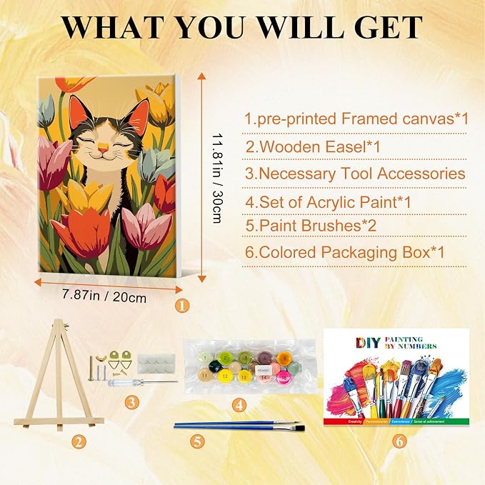 SparkGlow Cat and Flowers Adults Paint by Numbers Kit with Frame | 12×8 Inch Framed Number Painting | Premium Materials | Include Easel | Rich Colors | Gifts |Wall Decoration