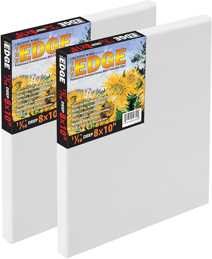 Creative Mark The Edge Deluxe Cotton Stretched Canvas for Painting, 8x10 2-Pack, 14oz. Primed Weight, Universal Archival Priming, Medium Tooth, Frameless Artwork Canvas for Painters of All Levels