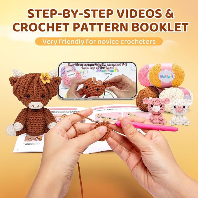 Mewaii Crochet Kit for Beginners, 3 Pack Highland Cows Craft Set | 40% Extra Yarn, Video Tutorial, Pre-Started Piece, Beginner Friendly, Family Craft Gift for Adults & Kids