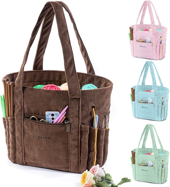 MYBAGZING Corduroy Crochet Bag 11.5" Large Yarn Storage Tote with Grommets, Needle Holders – Knitting Bag Organizer for Crochet Hooks, Accessories, Tools & Projects –Gift for Knitters & Crafters