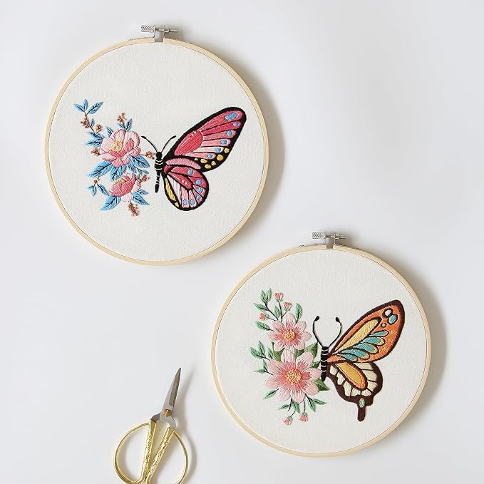 Bonroy 4 Sets Embroidery Kit for Beginners,Embroidery Art Craft Handy Sewing Include Clothes with Pattern,Embroidery Hoops, Instructions,Color Threads Needle (Butterfly) (CX-55)