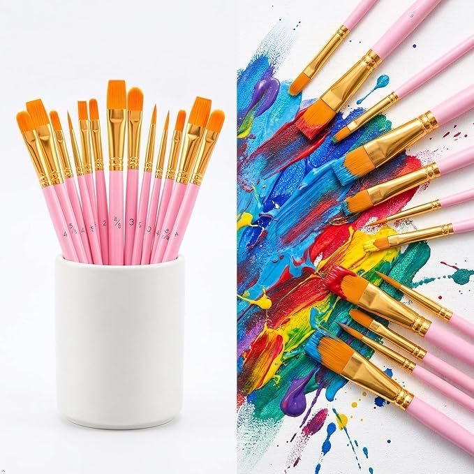 Soucolor Paint Brush Set –40Pcs Acrylic Watercolor Brush Multi-Size for Art | Round Pointed Tip for Acrylic Oil Watercolor Painting, Canvas Rock Body Face Nail Art Crafts, Pink