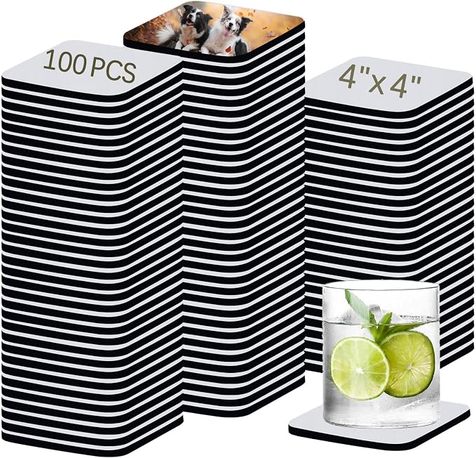 100 PCS Sublimation Blank Cup Coasters Bulk, 4x4 Inch Square Blank Cup Mat Rubber for Sublimation Transfer Heat Press Printing DIY Crafts