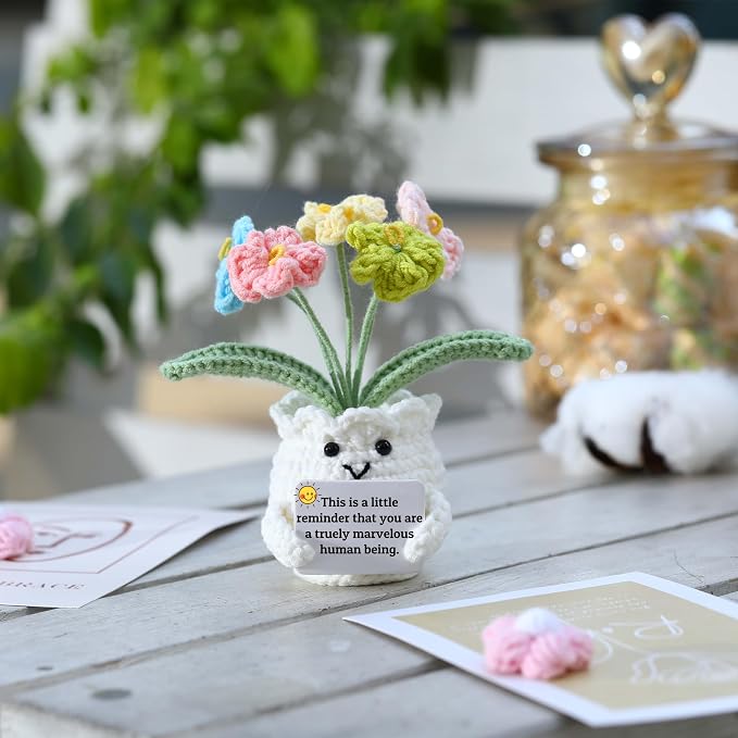 Forget-Me-Not Positive Crochet Flowers Plants Gift Handmade Desk Decor with Card “This is a Little Reminder” Appreciation Inspirational Gift for Coworkers Women Employee Teacher Best Friend Mom