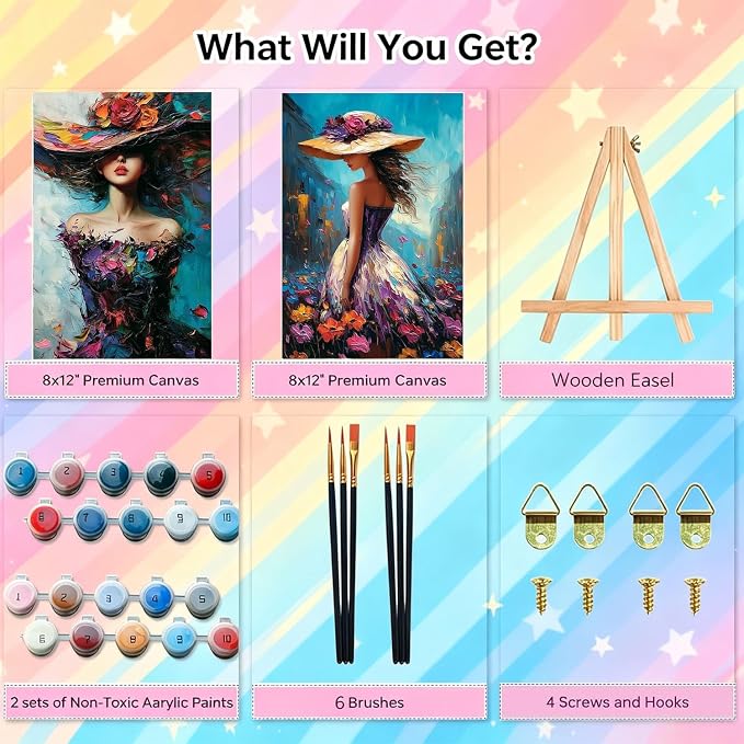 2 Pack Woman Framed Paint by Numbers Kit for Adults Beginner 8x12inch | Colorful Woman With Hat Adult Paint by Number Kits on Canvas with Wooden Easel, Oil Painting Kits for Adults for Home Decor
