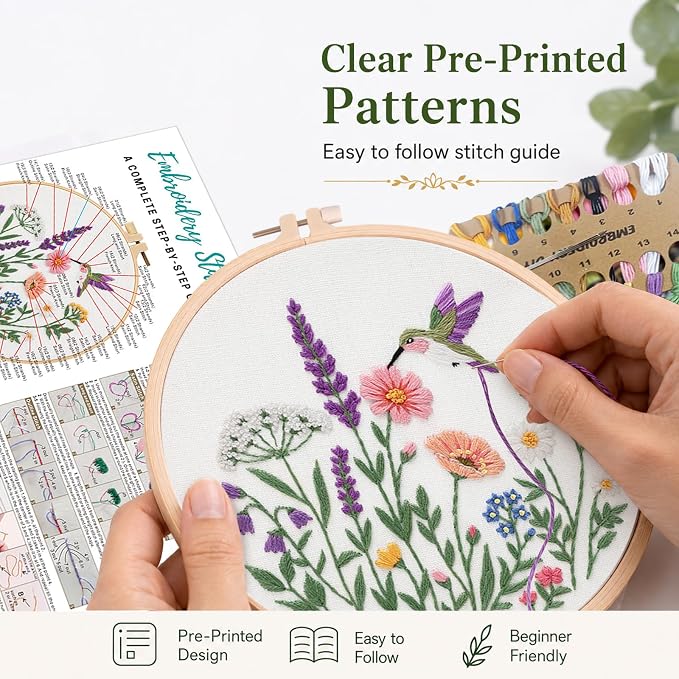 Nuberlic Embroidery Kit for Beginners, 3 Pack Floral Stamped Embroidery Starter Kit with Hoop, Pre Printed Flower Patterns, Threads, Needles and Step by Step Instructions, DIY Needlework Gift