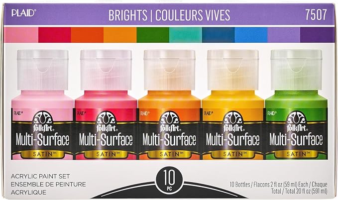 FolkArt Color, 10 Bottle Multi-Surface Acrylic Paint Set, 2oz, Brights