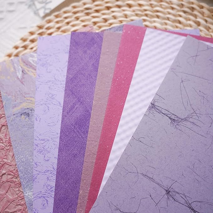 15Pcs Handmade Scrapbook Art Paper Craft Textured Colorful A5 sheet Mesh Special Paper Mix for Scrapbooking Junk Journal Journaling Supplies DIY Materials,5.8x8.2 inches (Purple)
