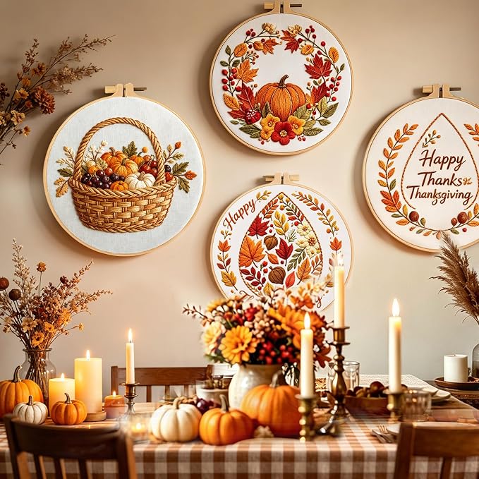 FONNUY Fall Embroidery Kit, Handmade Autumn Wreath Pre-Stamped Pattern for Beginners, Thanksgiving Harvest Home Decor, 8'' Hoop (Maple Leaves)