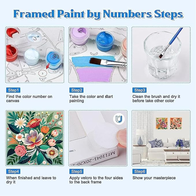 Canrichshop 4 Pack Paint by Numbers for Beginner with Frame,Flowers Adult Paint by Number Kits on Canvas, DIY Number Painting for Adults for Decor 8X 8 inch