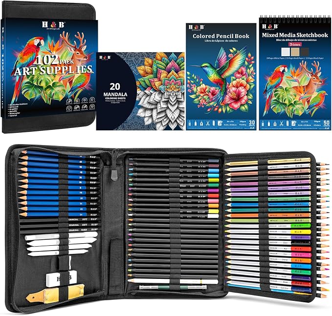 H & B 101PCS Sketching Kit Art Supplies for Adults with 3 Books & Zip Case | Rainbow Pencils for Surprise Blends - Mixed Media Drawing Set for Artists and Beginners with 2 Sketch Pads, 1 Coloring Book