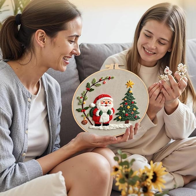 LB Red Christmas Embroidery Kit for Beginners Adults, 3 Sets Hand Embroidery Starter Kit with Santa Pattern and Instructions Stamped Cross Stitch Kits Include Embroidery Hoop Needles Threads Scissors