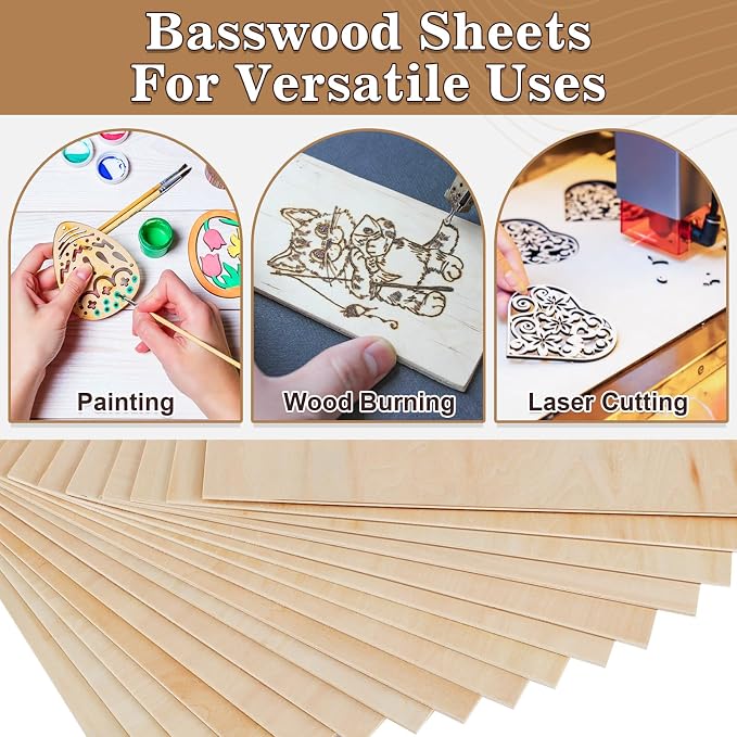 40 Pack Basswood Sheets for Crafts,12"x12"x1/8" 3mm Thick Plywood Sheets with Smooth Surfaces-Unfinished Squares Wood Boards for Laser Cutting, Wood Burning, Architectural Models, Staining