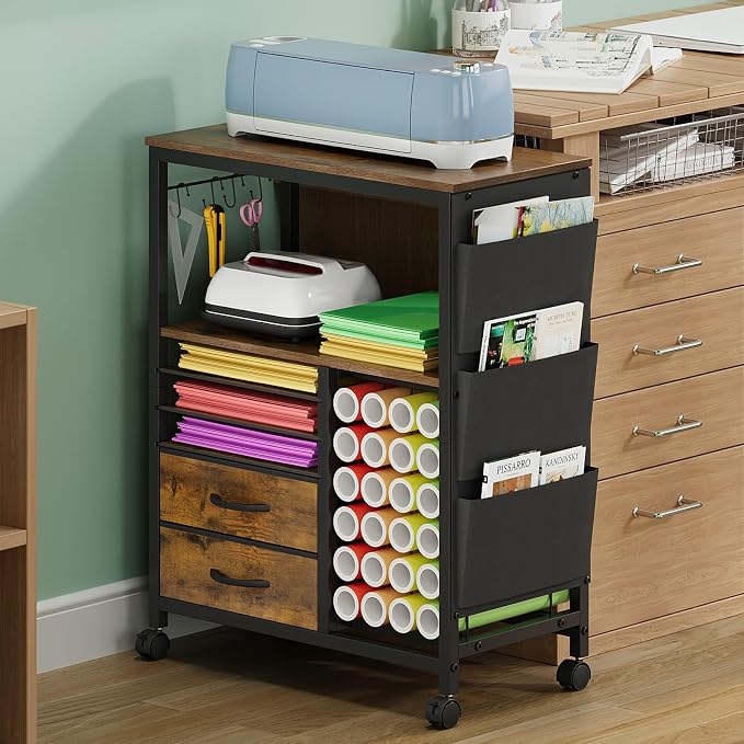 Craft Organizer and Storage Cart Compatible with Cricut Machine Stand Rolling Craft Cabinet Table with Drawers Shelf Vinyl Roll Holders Accessories Holder Tool Hooks for Craft Workstation Room-Brown