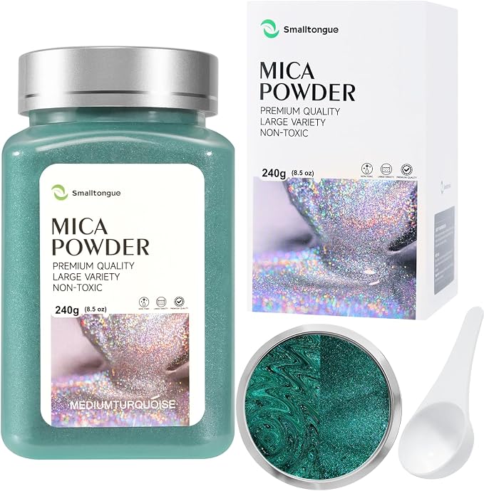 Mica Powder, Mediumturquoise, 240g with Scoop, Complies with ASTM D-4236 | For Epoxy Resin, Soap, Bath Bomb, Candle| Safety Material| Odorless| Brilliant Colors