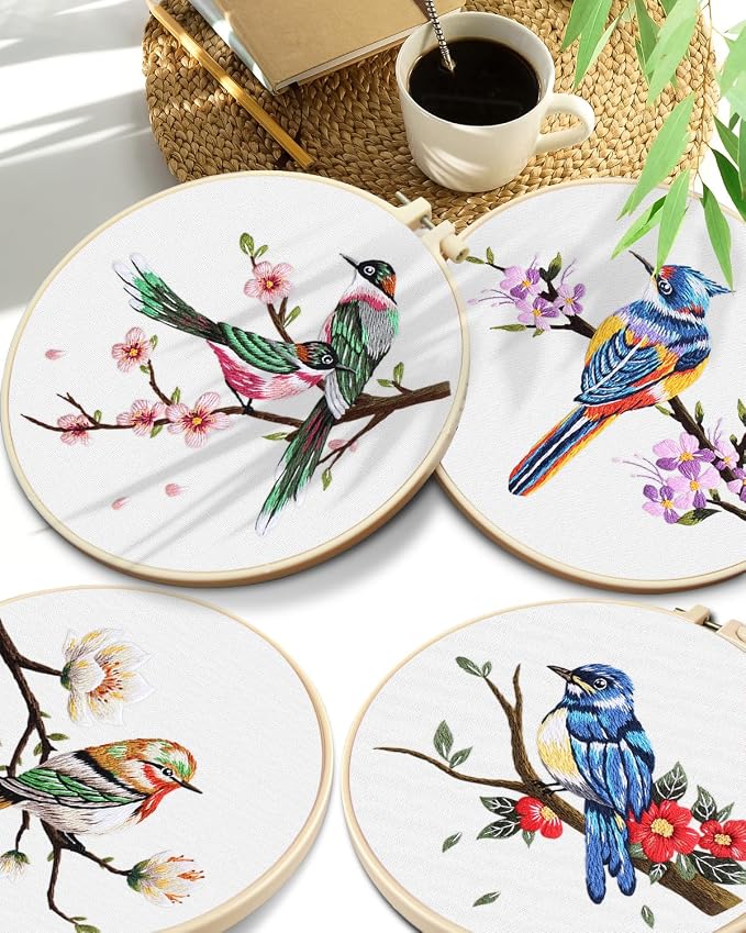 TINDTOP Embroidery Kit for Adults, Flowers and Bird Embroidery Practice Kits for Beginners Adults Include Embroidery Cloth Hoops Threads for Craft Lover Hand Stitch