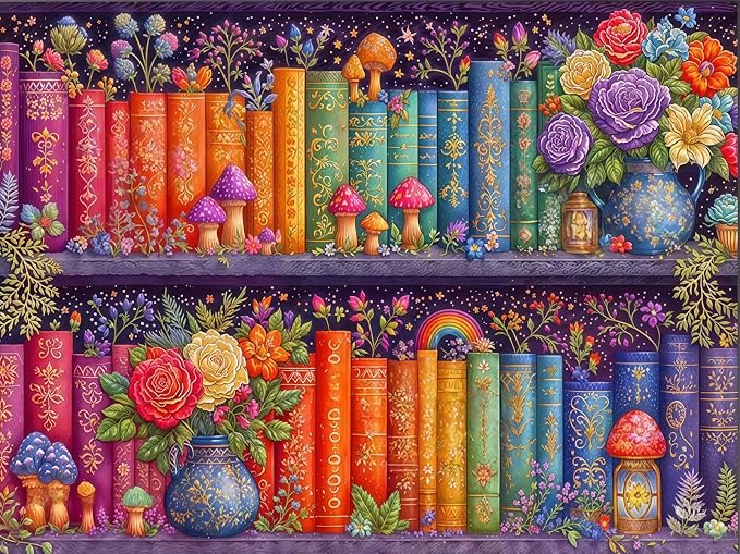 5D Diamond Painting Kit for Adults, Book FlowerDiamond Art Kits 12x16In | Full Round Drill Bookshelf Gem Painting Paint by Diamonds Relaxing DIY Craft for Home Wall Decor