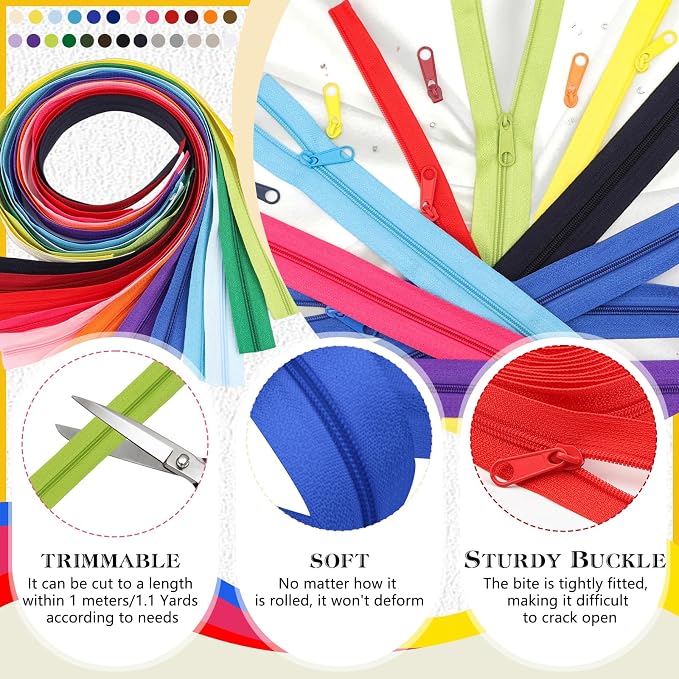 DOITEM 28.6 Yards 26 Pieces Sewing Zippers #3 Nylon Coil Zippers Assorted Zipper for Sewing with 104 Zipper Sliders for DIY Tailor Sewing Crafts Supplies, 26 Color