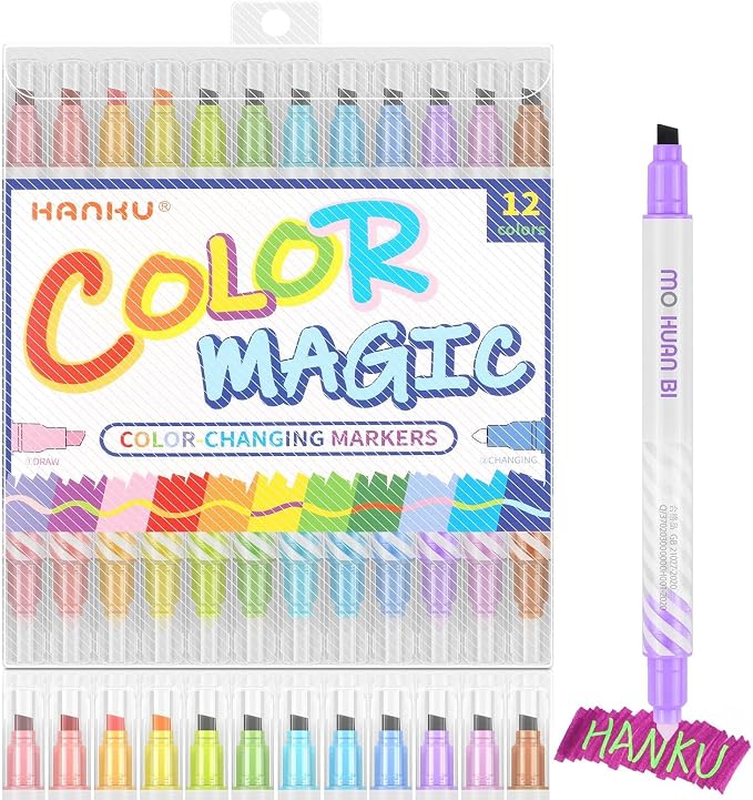 HANKU 12 Pack Color Changing Highlighter Markers, Dual-Tip Magic Highlighters, Assorted Colors Journaling Drawing School Office Art Supplies