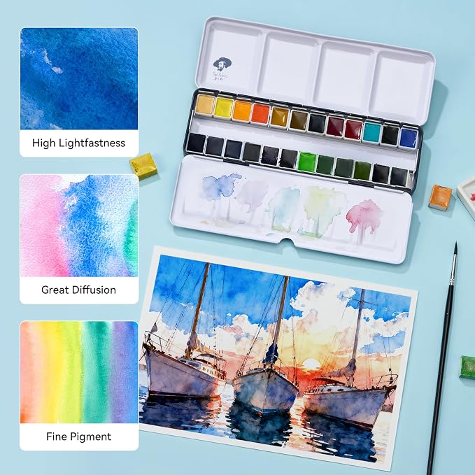 Paul Rubens Artist Watercolor Set, 24 Vibrant Ocean Colors for Seascape | High Lightfastness & Unmatched Transparency, Portable Metal Case Art Supplies for Artists Beginners Hobbyists Students
