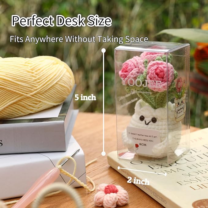 Crochet Rose Gift for Mom – Mothers Day Gifts from Daughter Son, Handmade Pink Rose Flower with Card “I Always Need You, Mom”, Cute Desk Decor, Ready-to-Gift with Clear Box