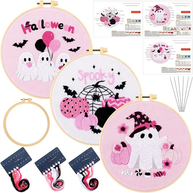 Mindsoft 3 Set Needlepoint Kit for Beginners with Hoop,Pink Halloween | Bamboo Hoop Thread Needles Instructions, Easy Hand Embroidery for Beginners Home Crafts,Pre-stamped Funny Cute Designs