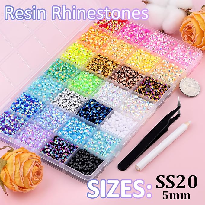 8500Pcs Resin Rhinestones with Tweezers for Crafting, Mixed-Color 5mm Bedazzling Crystal with 3Pcs 10ml B7000 Jewelry Glue for DIY Crafts Clothing Tumblers Shoes Fabric Nail Art