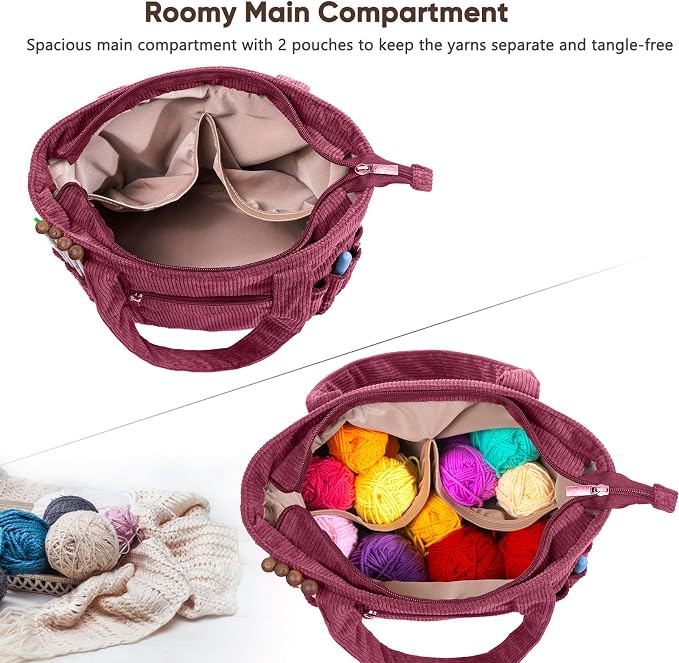 MYBAGZING Crochet Bag and Tote - Corduroy Yarn Bag - Yarn Holder for Crocheting - Crochet Storage Bag for Crochet Hooks, Crochet Accessories, Knitting Bag for Crochet Lovers, Mother's Day Gift