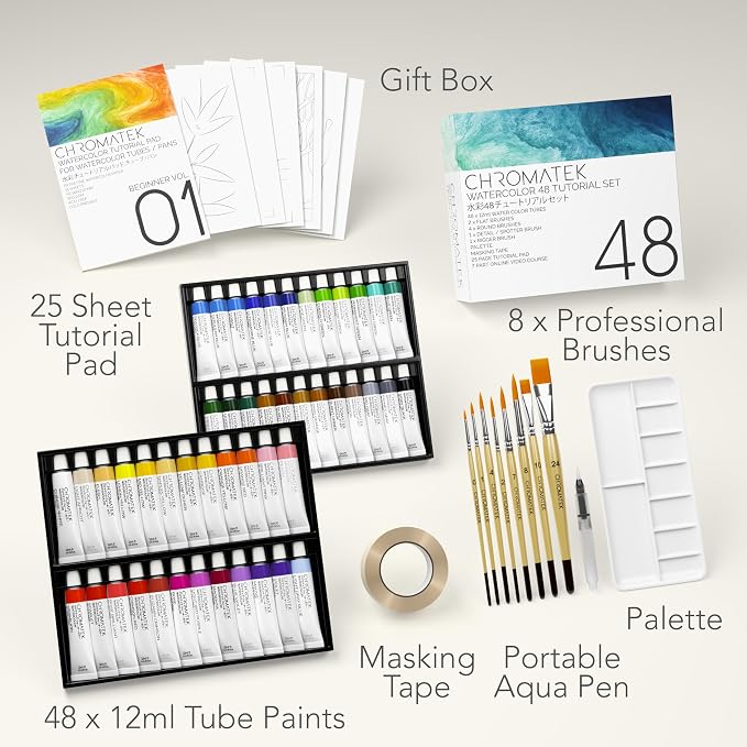 CHROMATEK Watercolor Tutorial Set, 7 Part Video Course, 84 Piece All-In-One Kit, Adults, Beginner & Professional Artists, 48 Watercolor Paint Tubes, 25 Page Workbook, 8 Brushes, Aquapen, Palette, Tape