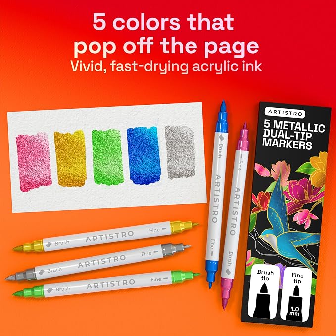 ARTISTRO 5 Metallic Dual-Tip Acrylic Paint Marker Pens for Drawing | For Fabric, Rock, Glass, Wood, & Molds, Arts & Crafts Gift for Adults, Teens, & Kids, Classroom Must Haves & School Supplies