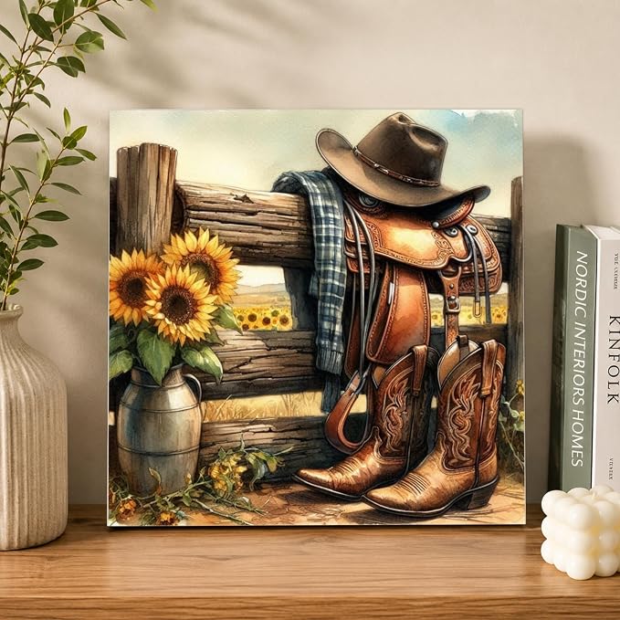AUKELHJ Framed Paint by Numbers Kit for Adults, Boot;Sunflower, 10x10 inch