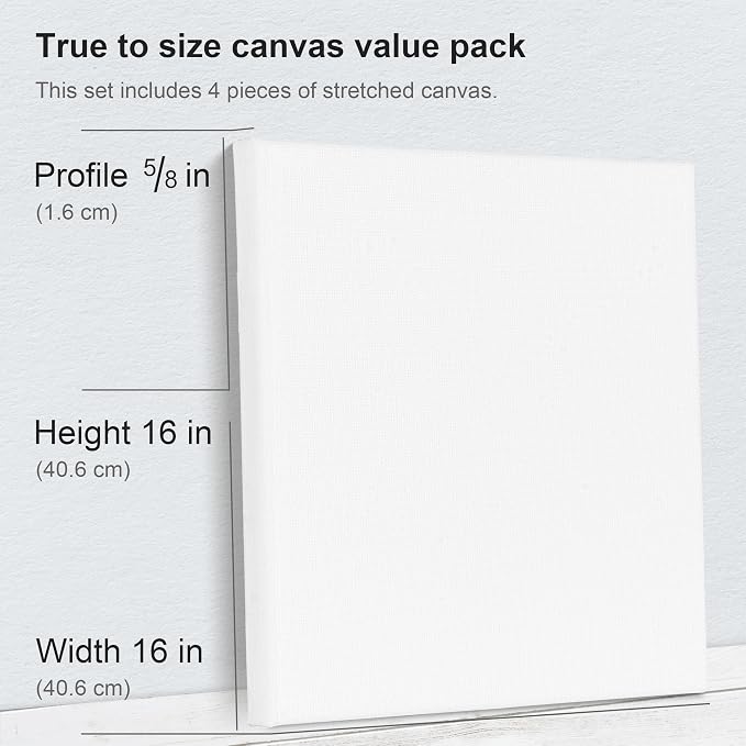 PHOENIX Stretched Canvas for Painting 16x16 Inch/4 Value Pack, 8 Oz Triple Primed 5/8 Inch Profile 100% Cotton White Blank Canvas, Square Framed Canvas for Oil Acrylic & Pouring Art