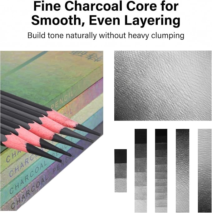 Marie's Charcoal Pencils for Drawing, 10 Pieces, Extra Hard Hard Medium Soft Extra Soft, Sketching Pencils for Artists, Smooth Charcoal Core for Layering, Blending and Detailed Artwork(Medium)