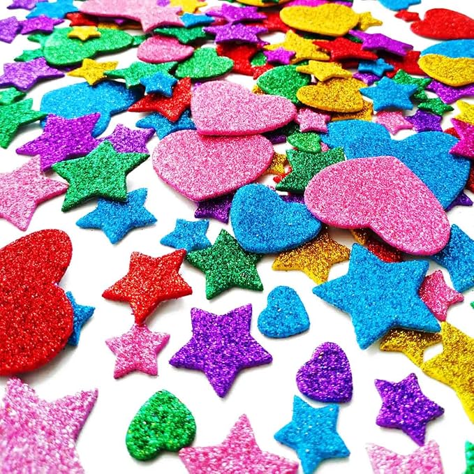 260 Pieces Colorful Glitter Foam Stickers Self Adhesive Stars Mini Heart Shapes Glitter Stickers, Arts Craft Supplies for Greeting Cards Home Decoration Stars&Heart Shapes
