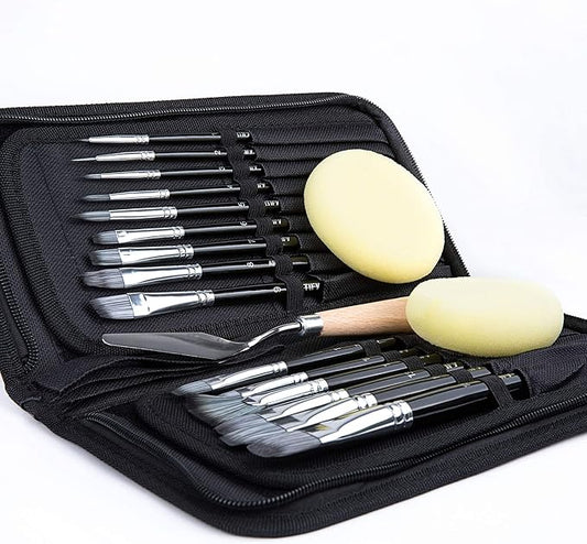 18 Piece Paint Brush Set, ARTIFY 15 Acrylic Paint Brushes, Palette Knife, and 2 Sponges, Professional Artist Paint Brushes for Acrylics, Watercolors, Gouache, Canvas, and Face Painting,Black