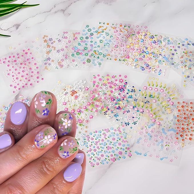 SPLOCUDU Colorful Cute Daisy, Floral, Heart, Flower Nail Art Stickers Decals, 3D Self Adhesive Supplies, Design Decoration Accessories for Women and Girls, 30 Sheets