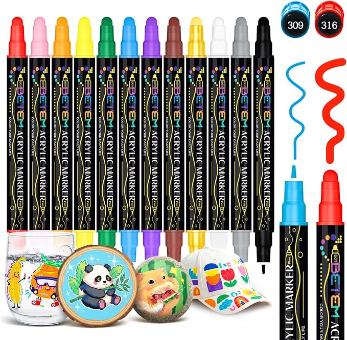 Betem 12 Colors Dual Tip Acrylic Paint Markers, Fabric Decorating Kits | Premium Water-Based Acrylic Paint Pens Art Supplies for Fabric, Rock, Wood, Glass, Canvas, Ceramic, School Supplies