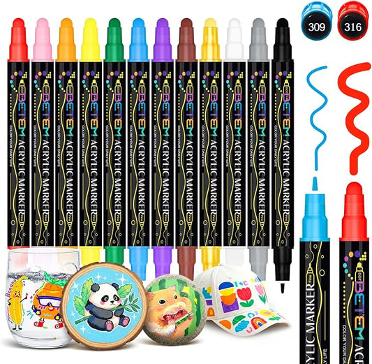 Betem 12 Colors Dual Tip Acrylic Paint Markers, Fabric Decorating Kits | Premium Water-Based Acrylic Paint Pens Art Supplies for Fabric, Rock, Wood, Glass, Canvas, Ceramic, School Supplies