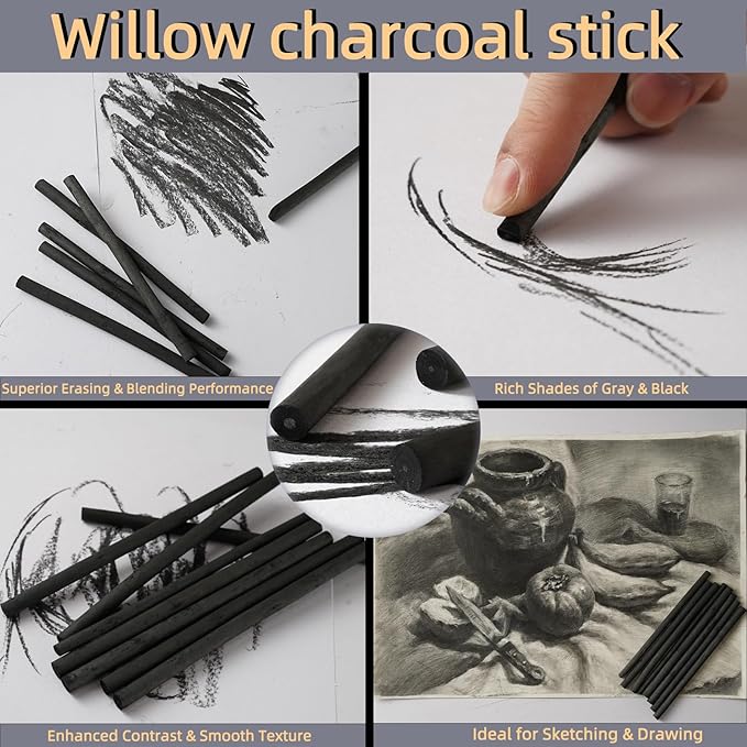 25 PCS Willow Charcoal Sticks, Ideal for Artists, Beginners, Students, Perfect for Sketching, Drawing, Shading, and Fine Art, 5.7 Inches Long, 2-4,4-5,5-7,7-9 (4-5)