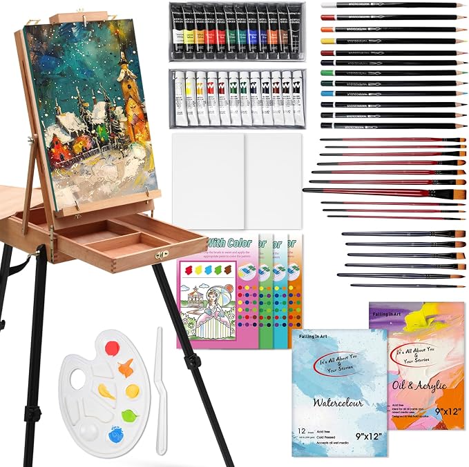 Falling in Art 63 Piece All-in-One Artist Painting Set with French Easel | Art Supplies Starter Kit for Professional Artists with Watercolor & Acrylic Paint Set, Canvas, Paintbrushes for Beginners