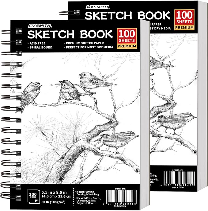 FIXSMITH 5.5"X8.5" Sketch Book, 200 Sheets(68 lb/100gsm) Sketchbook,2 Pack | Acid Free Drawing Paper | Spiral Bound Artist Sketch Pad | for Kids, Beginners, Artists & Professionals | Bright White
