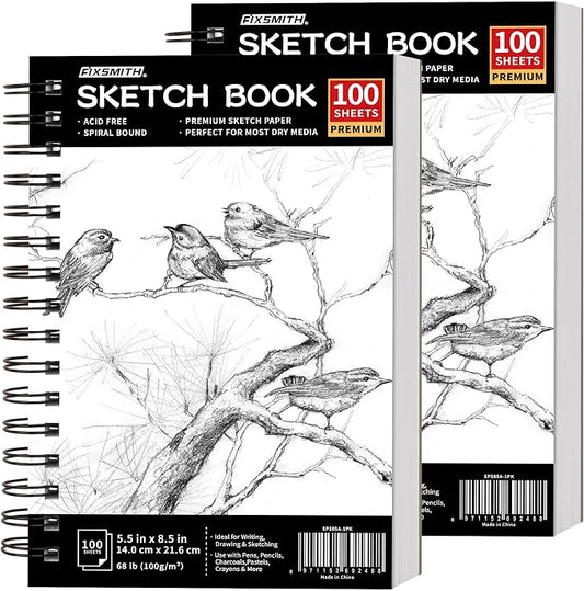 FIXSMITH 5.5"X8.5" Sketch Book, 200 Sheets(68 lb/100gsm) Sketchbook,2 Pack | Acid Free Drawing Paper | Spiral Bound Artist Sketch Pad | for Kids, Beginners, Artists & Professionals | Bright White