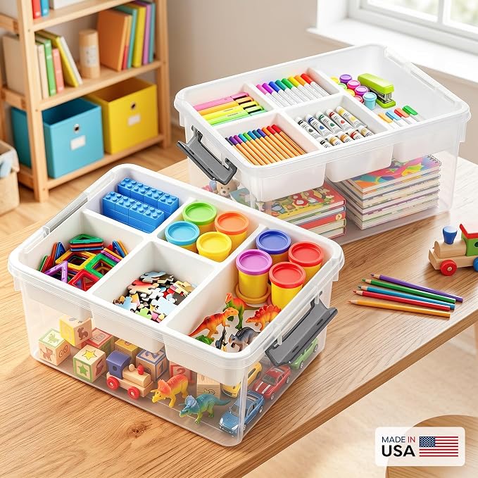 17QT 2Packs Clear Craft Organizers and Storage with Fixed-Compartment Tray, Art Supply Organizers and Storage, Craft Storage Bins with Lids for Beads, Markers, Playdoh, Tools and Coloring Books