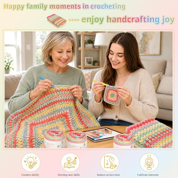 Coopay Crochet Kit for Beginner Crochet Blanket Kit w/Step-by-Step Tutorial | Granny Square Blanket kits with 600g Crochet Yarn, Hooks & Complete Tools, Crochet Blanket Kit Gift for Adults & Beginners