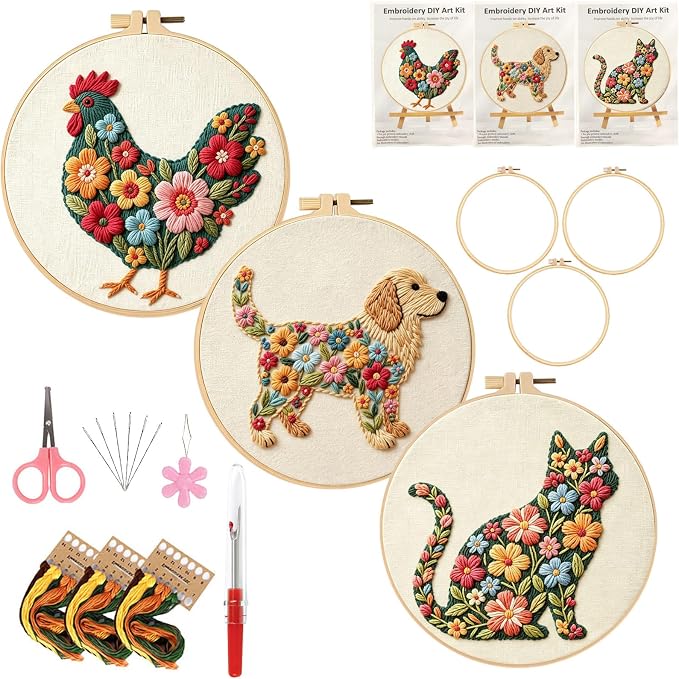 3 Packs Embroidery Kit for Adults, Embroidery for Beginners (Animal)